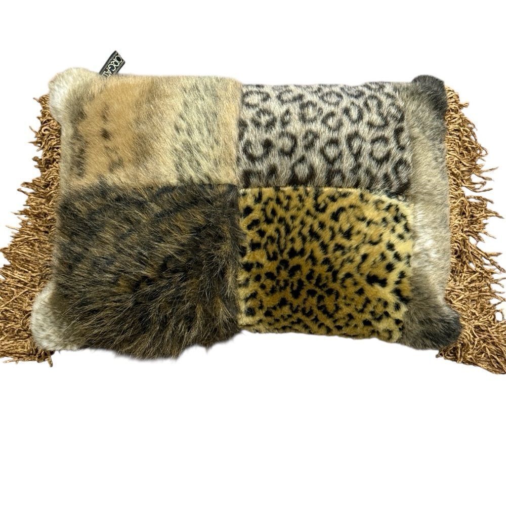 Borgata Patchwork Animal Faux Fur Throw Pillow Tan Brown Gold Tassel Fringe